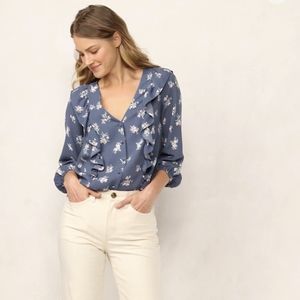 Lauren Conrad Floral Blouse Womens Xl Blue Ruffle Button Front Balloon Sleeve